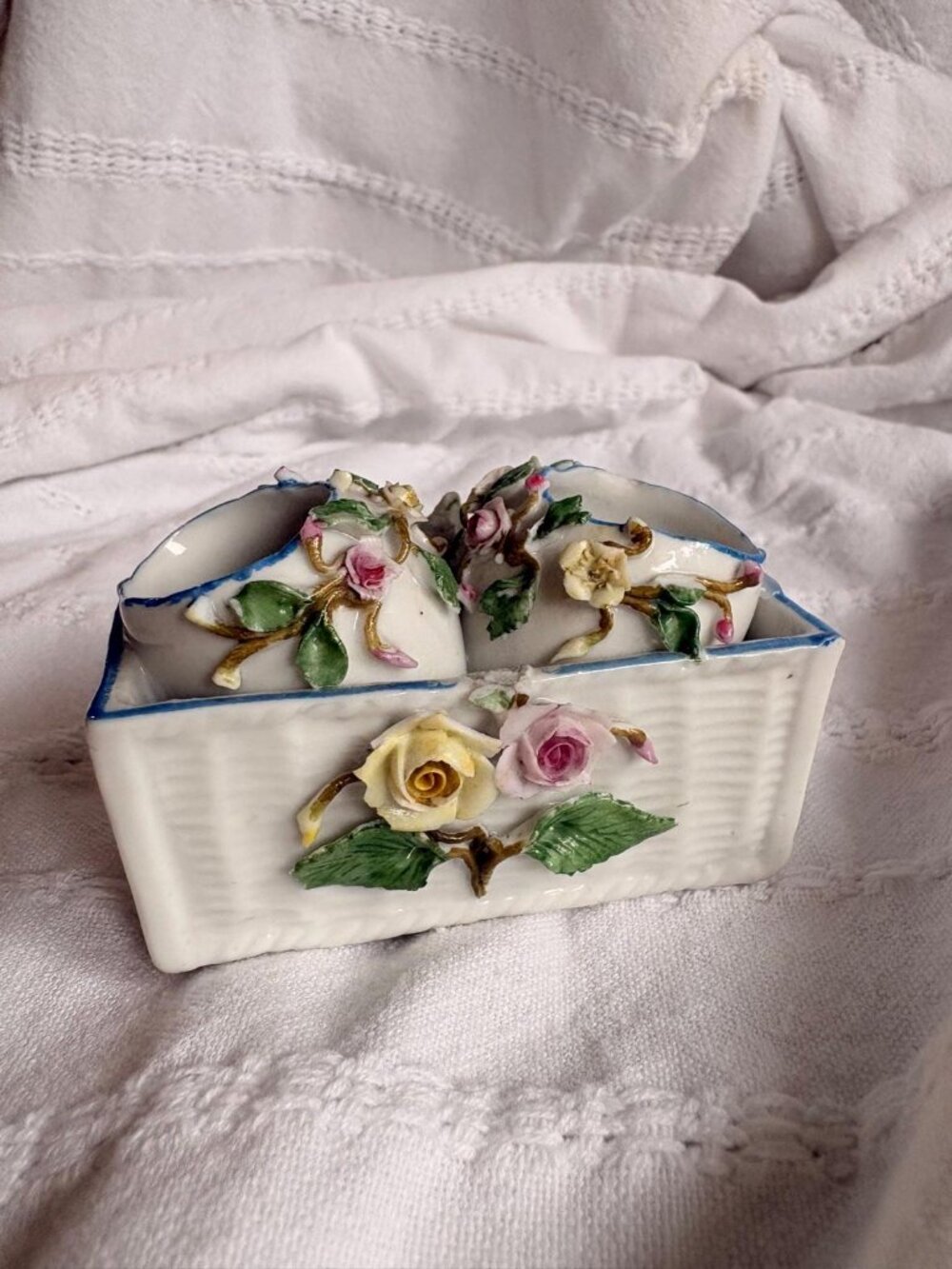 Vintage Porcelain Double Vase | Applied Floral Flower Holder, Pink Rose Blue Tri